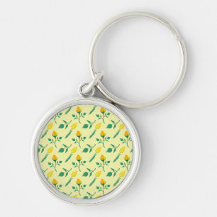 Floral pattern with yellow rose and tulip flowers key ring