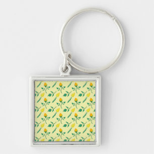 Floral pattern with yellow rose and tulip flowers key ring