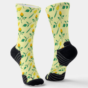 Floral pattern with yellow rose and tulip flowers socks