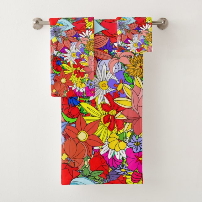 Floral Pattern Yellow Blue Purple Green Red Bath Towel Set (Insitu)