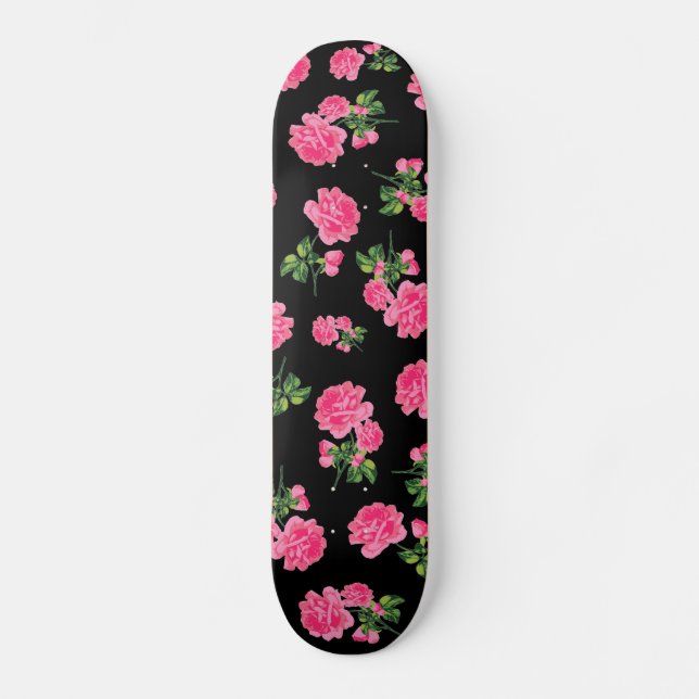 Floral patterns: pink flowers on black skateboard (Front)