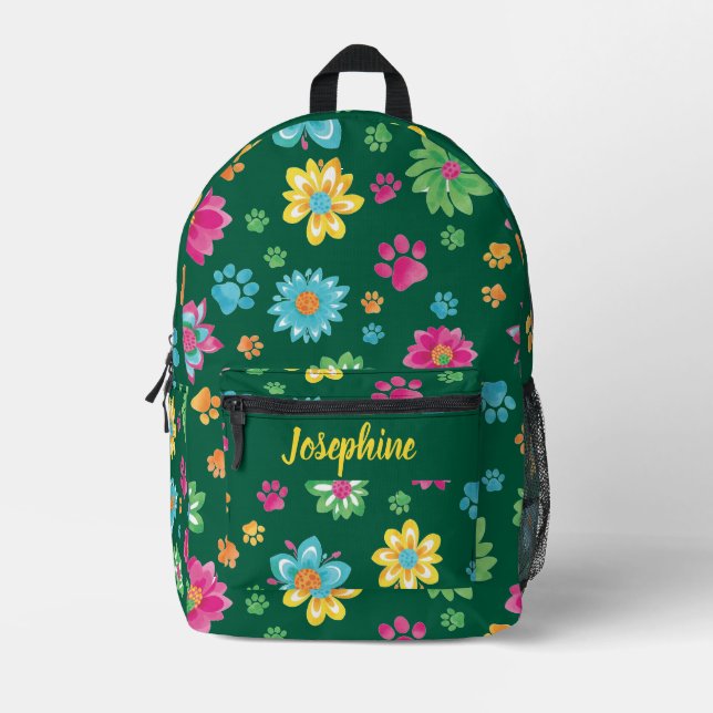 Floral Paw Print Backpack with Custom Name (Front)