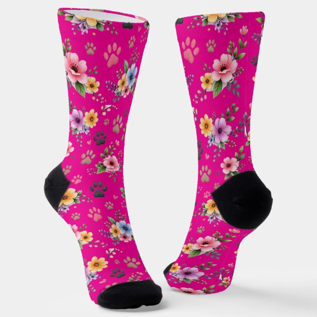 Floral & Paw Print Pattern Socks – Cute Pastel Pet (Angled)