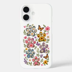 Floral Paw Prints – Botanical Flower Paw Pattern iPhone 16 Case