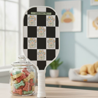 Floral pawprint chequerboard Veterinary Name Pickleball Paddle