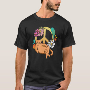 Floral Peace Sign Lazy Cat 70's Graphic Style Hipp T-Shirt