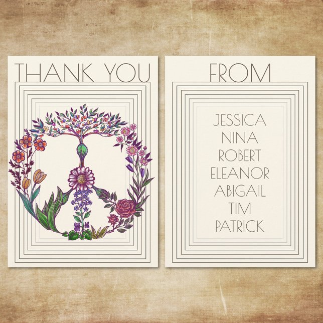 Floral Peace Sign Modern Bohemian Flowers Girly Thank You Card (Creator Uploaded)