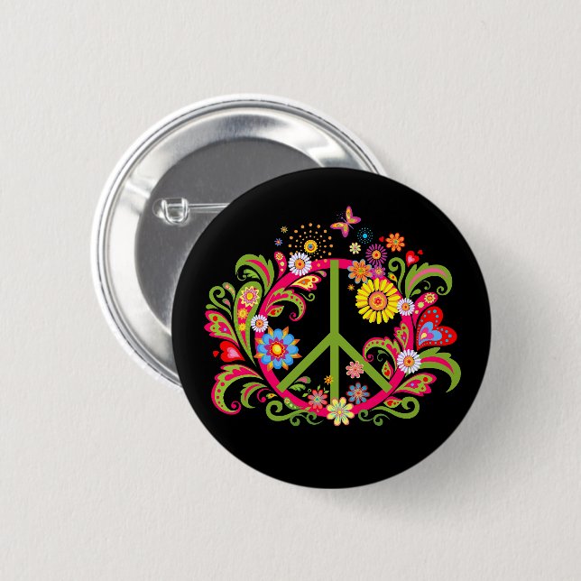 Floral Peace Sign on Black 6 Cm Round Badge (Front & Back)
