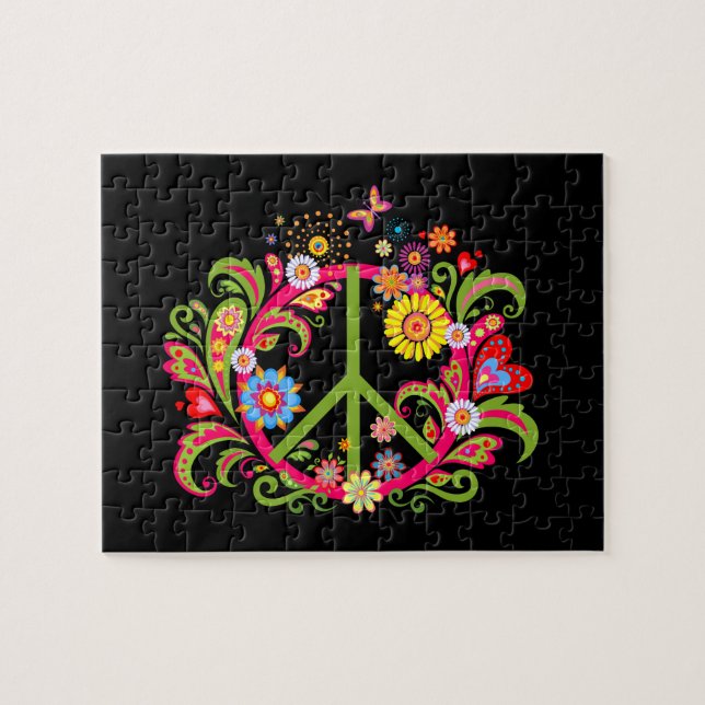 Floral Peace Sign on Black Jigsaw Puzzle (Horizontal)