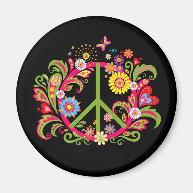 Floral Peace Sign on Black Magnet (Front)