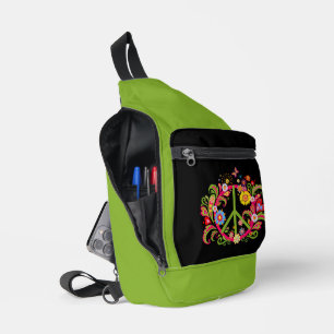 Floral Peace Sign on Black Sling Bag