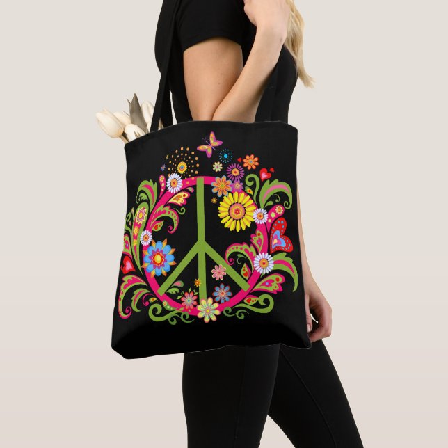 Floral Peace Sign on Black Tote Bag (Close Up)