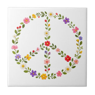 Floral Peace Sign Wreath Colourful Wildflowers Tile