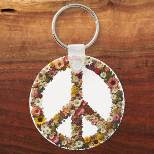 Floral Peace Symbol with Vibrant Flowers Key Ring