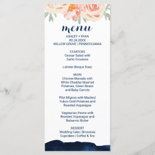 Floral Peach and Navy Watercolor Dinner Menu Card
