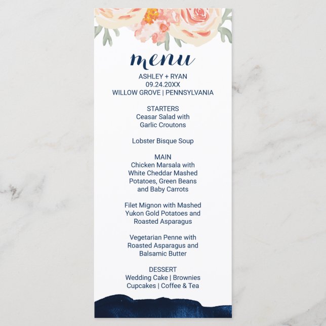 Floral Peach and Navy Watercolor Dinner Menu Card (Front)