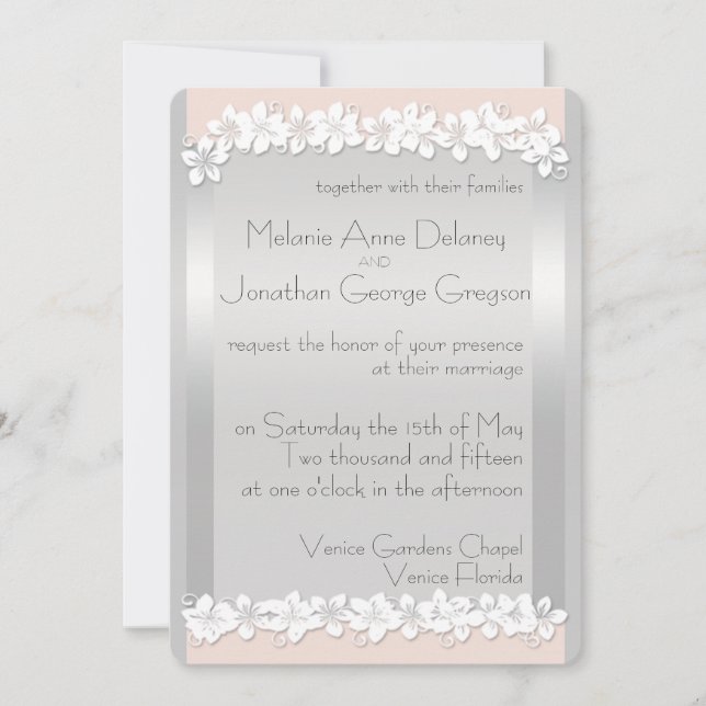 Floral Peach and Silver Wedding Invitations (Front)