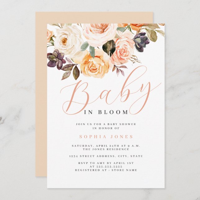 Floral Peach Baby in Bloom Baby Shower   Invitation (Front/Back)