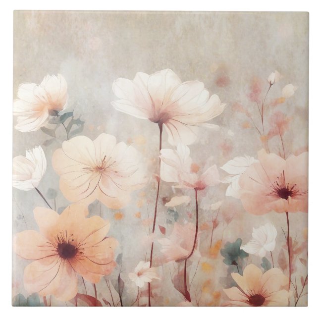 Floral Peach Beige Flowers Design 328 Tile (Front)