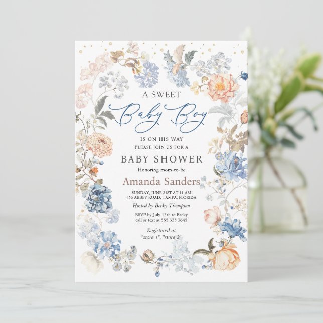 Floral Peach Blush Blue Baby Shower  Invitation (Standing Front)
