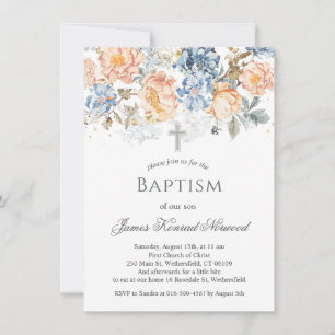 Floral Peach Blush Blue Baptism Invitation