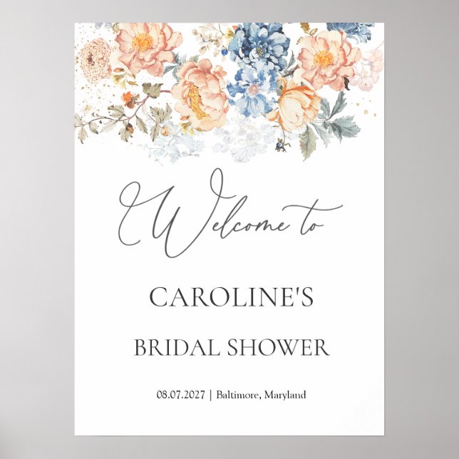 Floral Peach Blush Blue Bridal Shower sign (Front)