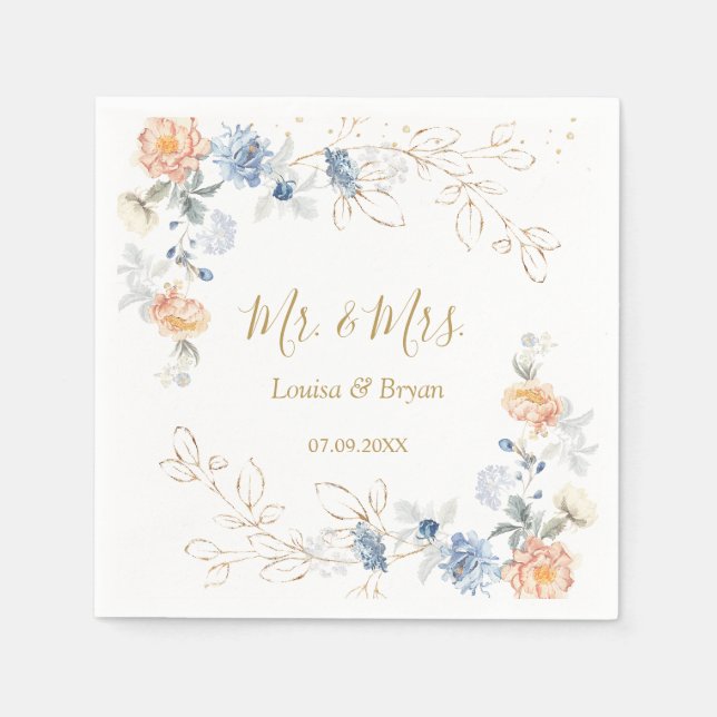 Floral Peach Blush Blue  Wedding Napkin (Front)