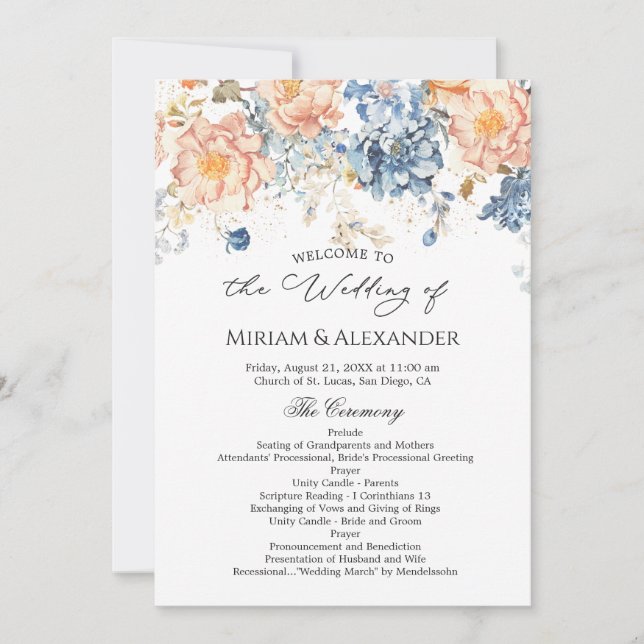 Floral Peach Blush Blue Wedding Program Invitation (Front)