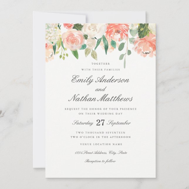 Floral Peach Blush Watercolor Wedding Invitation (Front)