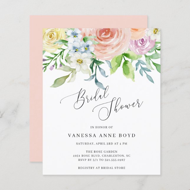 Floral Peach Budget Bridal Shower Invitation (Front/Back)