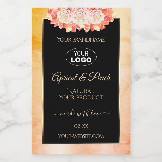 Floral Peach Coral Marble Black Product Label Logo (Single Label)
