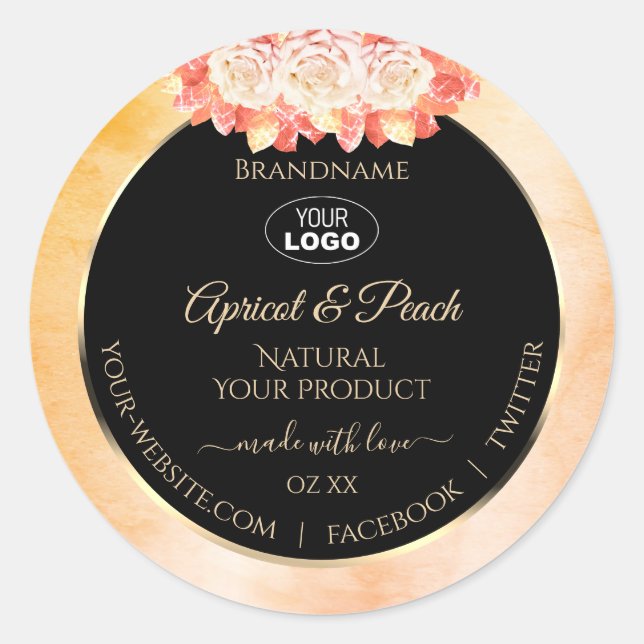 Floral Peach Coral Marble Black Product Label Logo (Front)