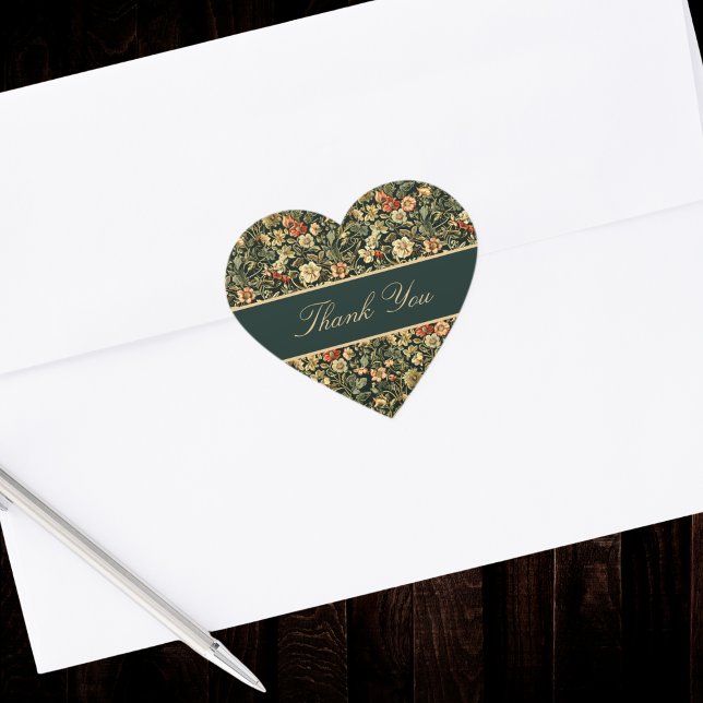 Floral Peach Green Cream William Morris Inspired  Heart Sticker (Creator Uploaded)