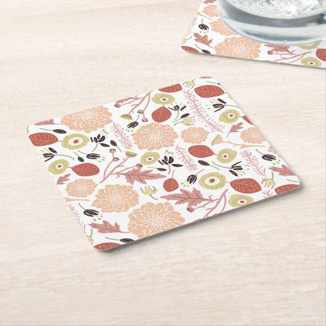 Floral Peach Green Whimsical Square Paper Coaster (Angled)