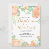 Floral Peach Ivory Baptism Invitation
