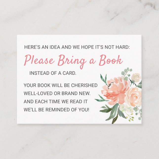 Floral Peach Peony Books for Baby Request Shower Enclosure Card (Front)