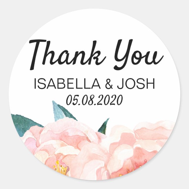 Floral Peach Peony Thank You Classic Round Sticker (Front)