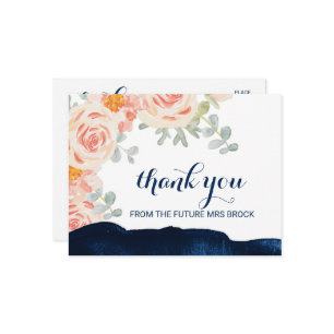 Floral Peach Pink and Navy Watercolor Thank You Postcard