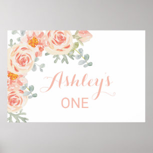 Floral Peach Pink Baby's 1st Birthday Banner Sign