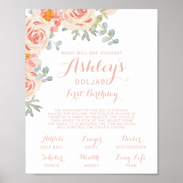 Floral Peach Pink Doljabi First Birthday Sign (Front)