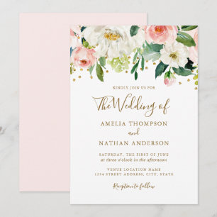 Floral Peach Pink Gold Confetti Wedding Invitation