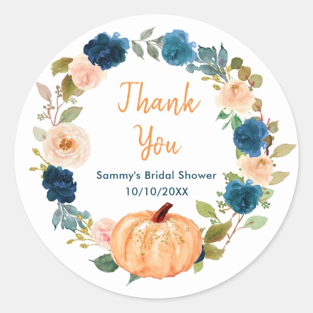 Floral Peach Pumpkin Bridal Shower Thank You Classic Round Sticker (Front)