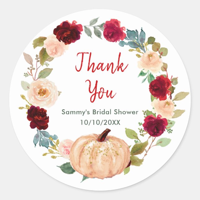 Floral Peach Pumpkin Bridal Shower Thank You Classic Round Sticker (Front)