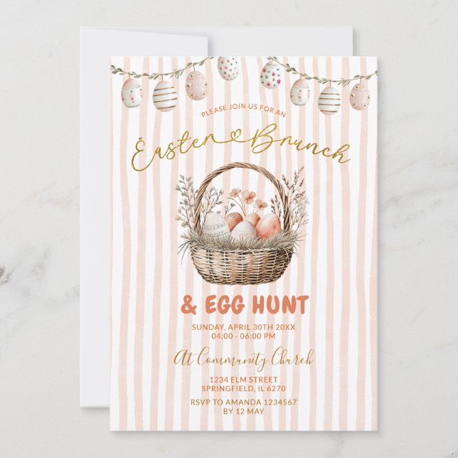 Floral Peach Stripes Easter Brunch and Egg Hunt Invitation (Front)