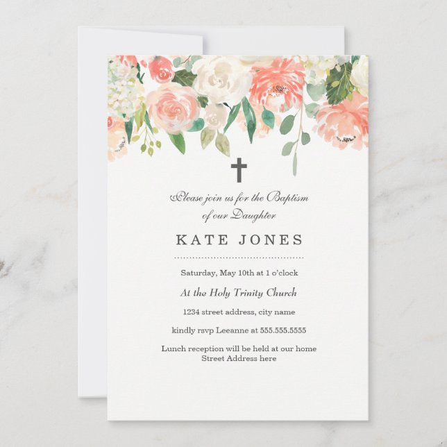 Floral Peach Watercolor Baptism Invitation (Front)