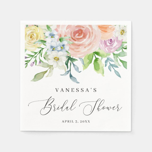Floral Peach Watercolor Flowers Bridal Shower Napkin (Front)