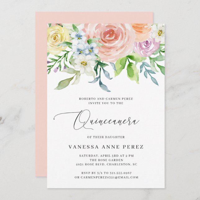 Floral Peach Watercolor Quinceañera Invitation (Front/Back)