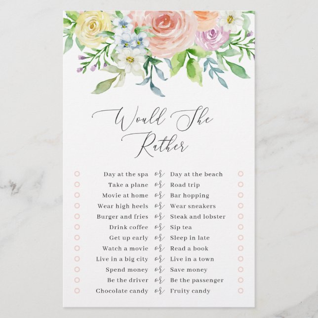 Floral Peach Would She Rather Bridal Shower Game (Front)