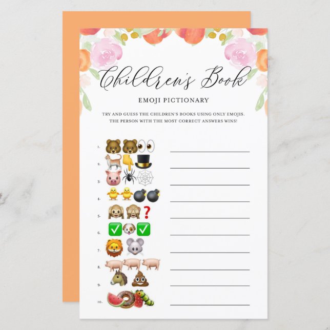 Floral Peaches Emoji Pictionary Baby Shower Game (Front/Back)