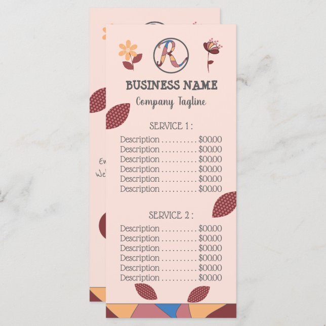 Floral Peachy Pink Business Menu Price List (Front/Back)